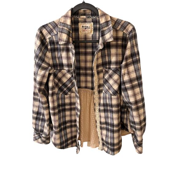 Anthro Holding Horses Willow Ridge Lace and Plaid Button Down Flannel Shirt, M - Picture 1 of 6